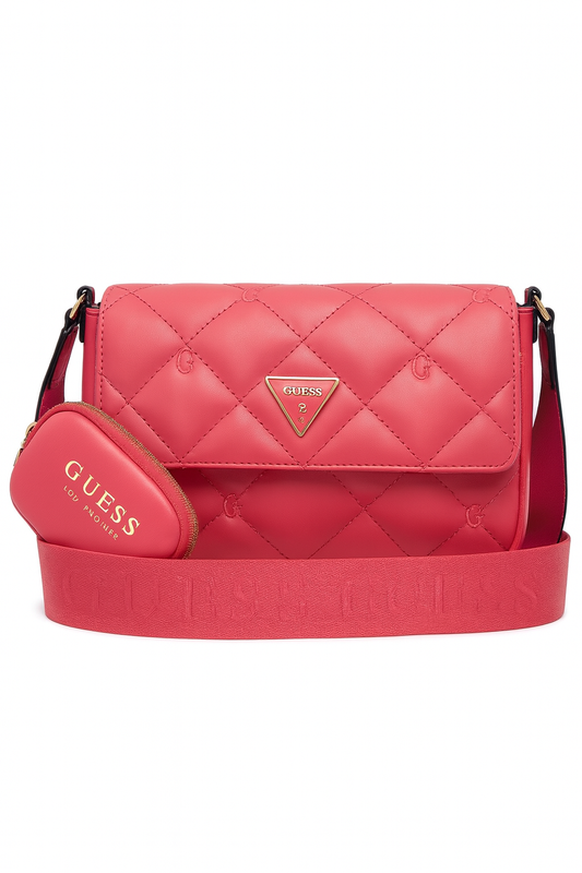 Crossbody Guess coral capitonada con strap grabado y monedero