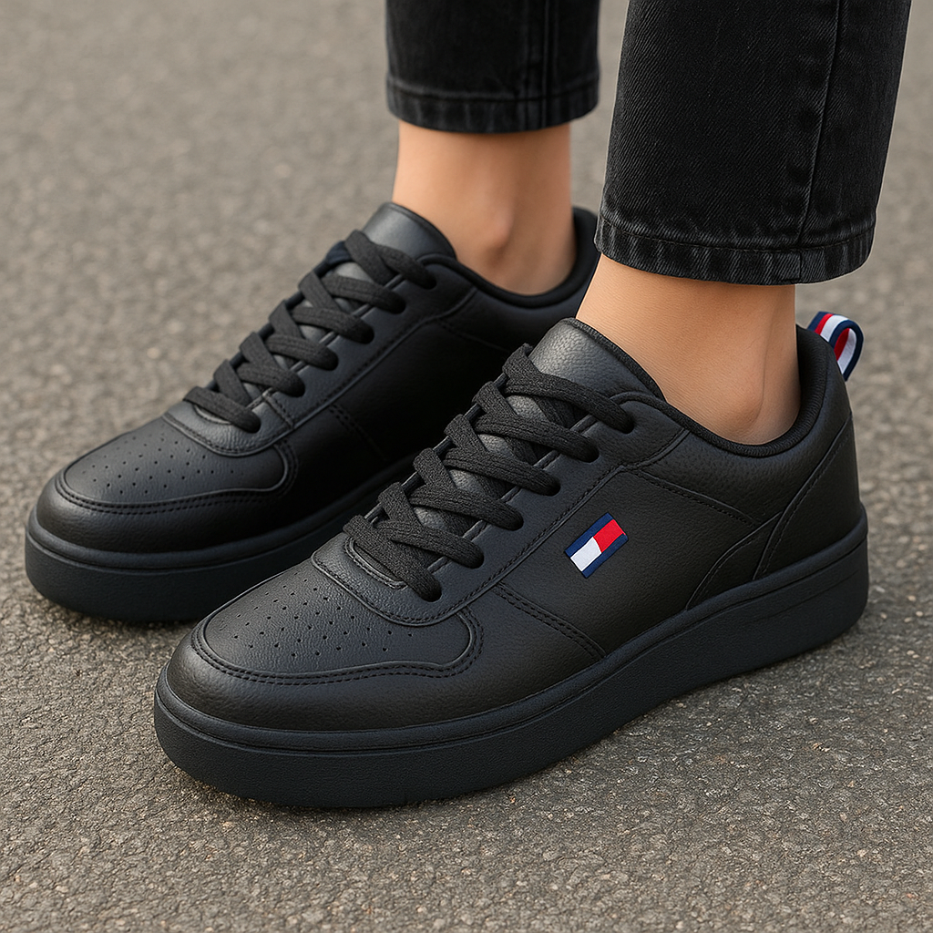 Tenis Tommy H negros con bandera de goma