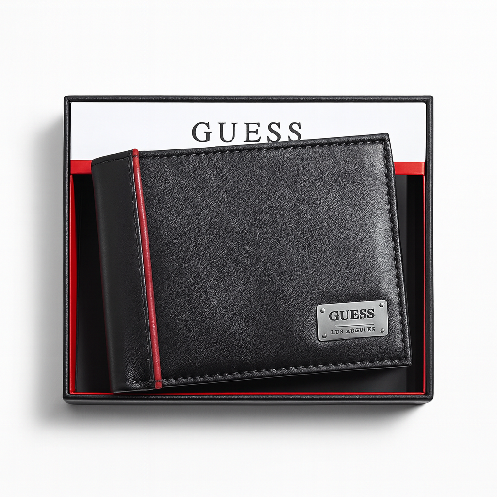 Cartera Guess negra con línea roja y placa negra