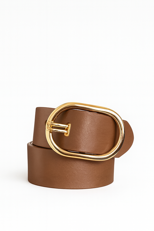 Cinturón Tommy H café, placa y pin dorados