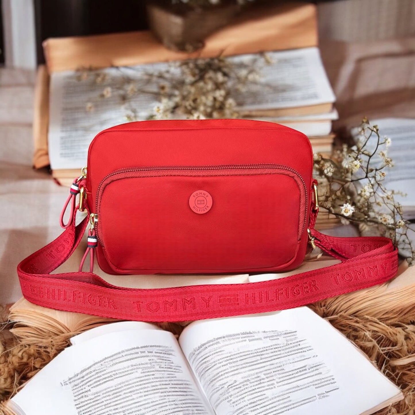 Crossbody Tommy H textil roja con placa de goma roja