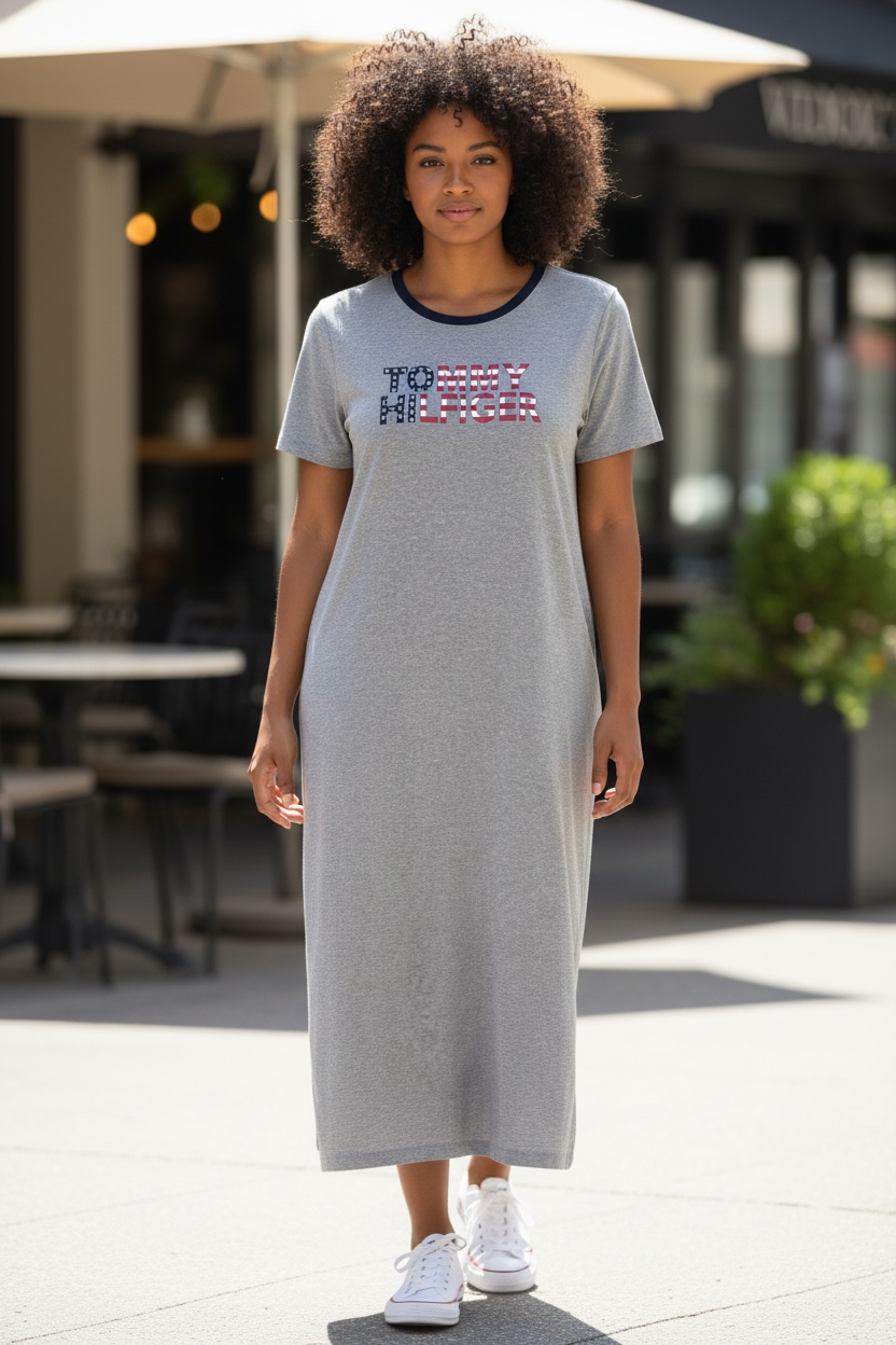 Vestido Tommy H gris con letras rojas azul y estrellas