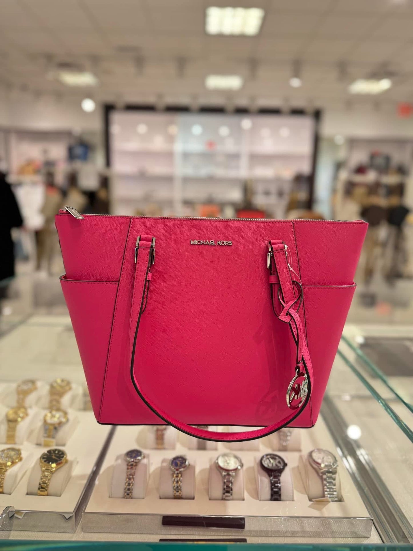 Tote Michael K charlotte rosa hot Pink con placa plateada