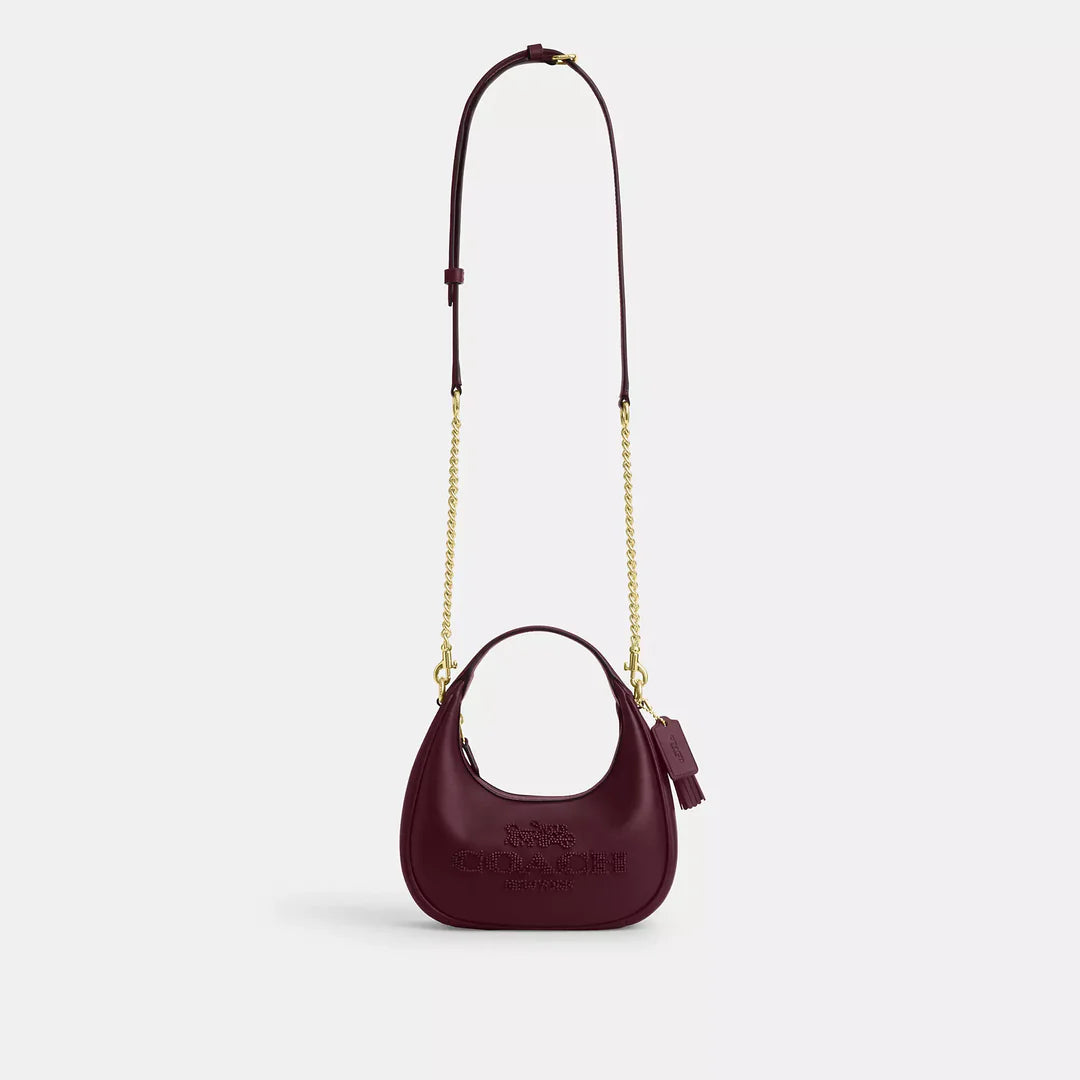 Crossbody/Hobo vino, placa en 3D, doble strap y herrejes dorados