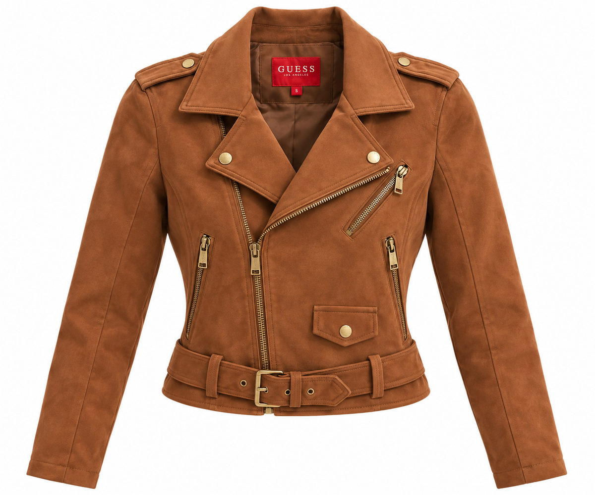 Chamarra Guess Tipo Biker Café con Cierres Dorados – Mujer