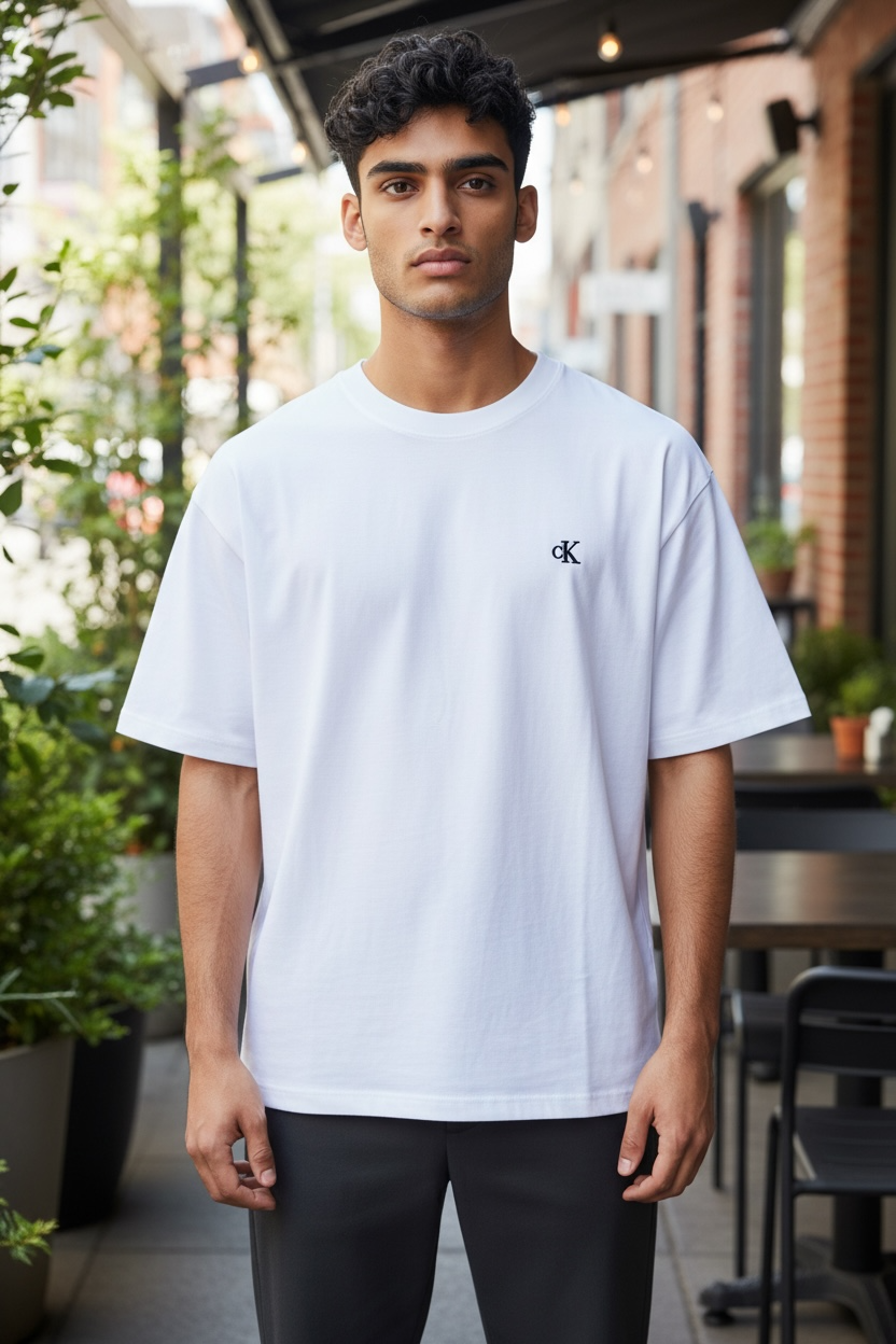 Playera Calvin Klein blanca con letras bordadas negras para caballero