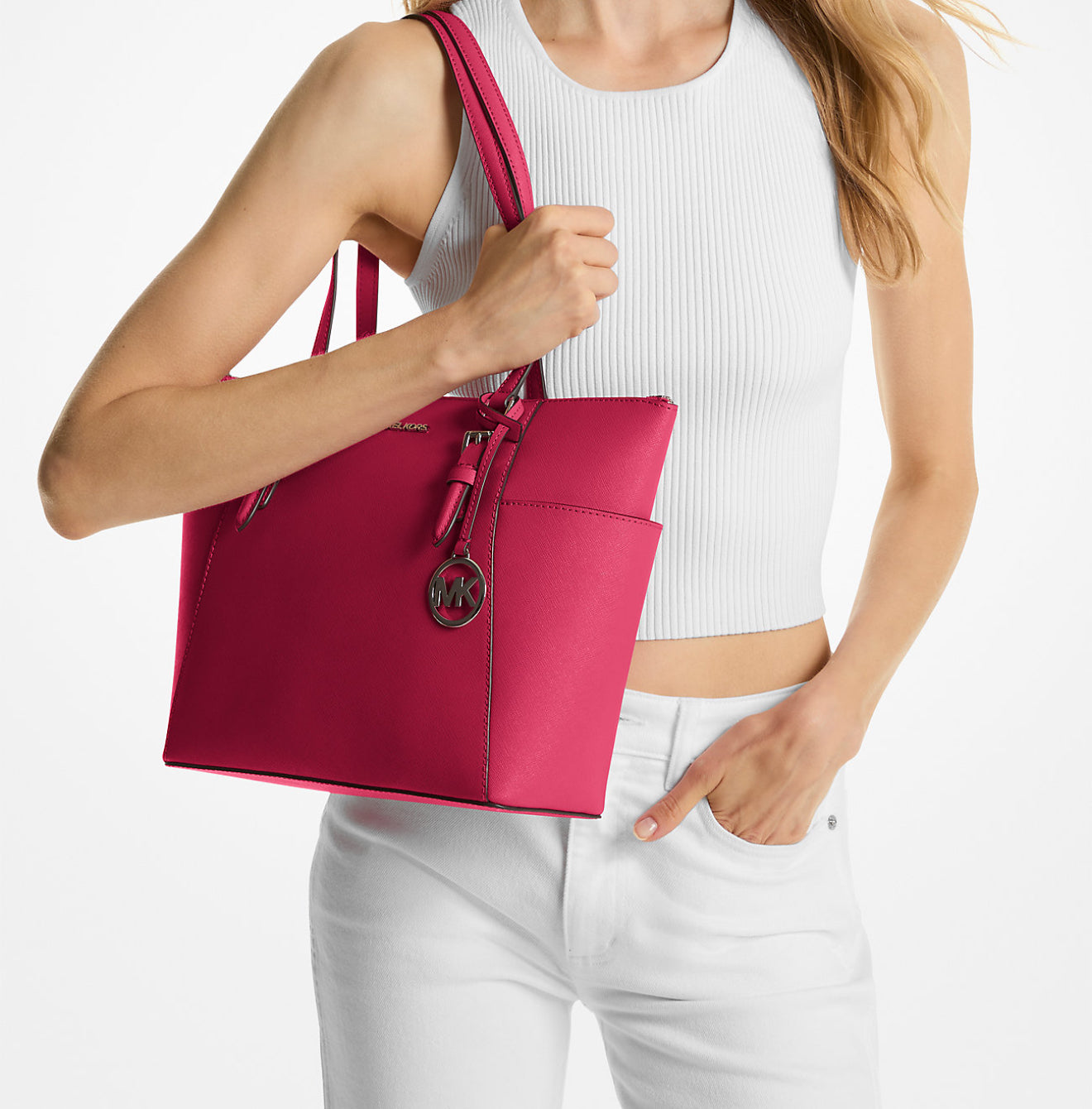 Tote Michael K charlotte rosa hot Pink con placa plateada
