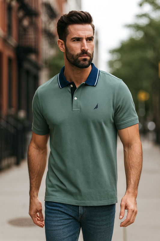 Playera Náutica verde olivo, tipo polo, cuello azul con línea blanca caballero