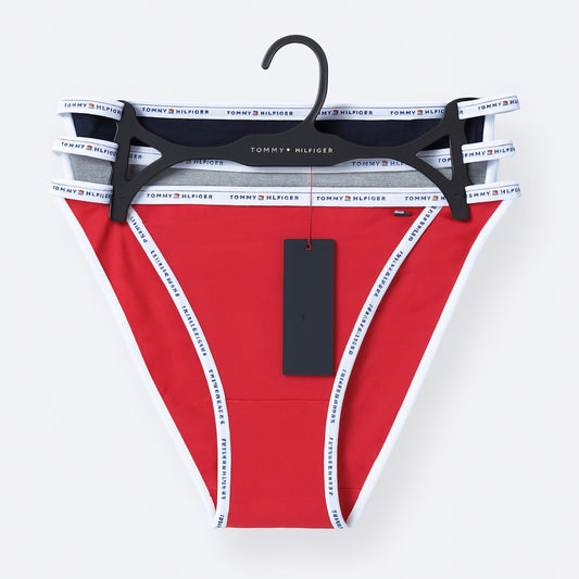 Panties Tommy H rosa, gris, azul marino contorno blanco y detalle de dos resortes delgados en cintura 3pz