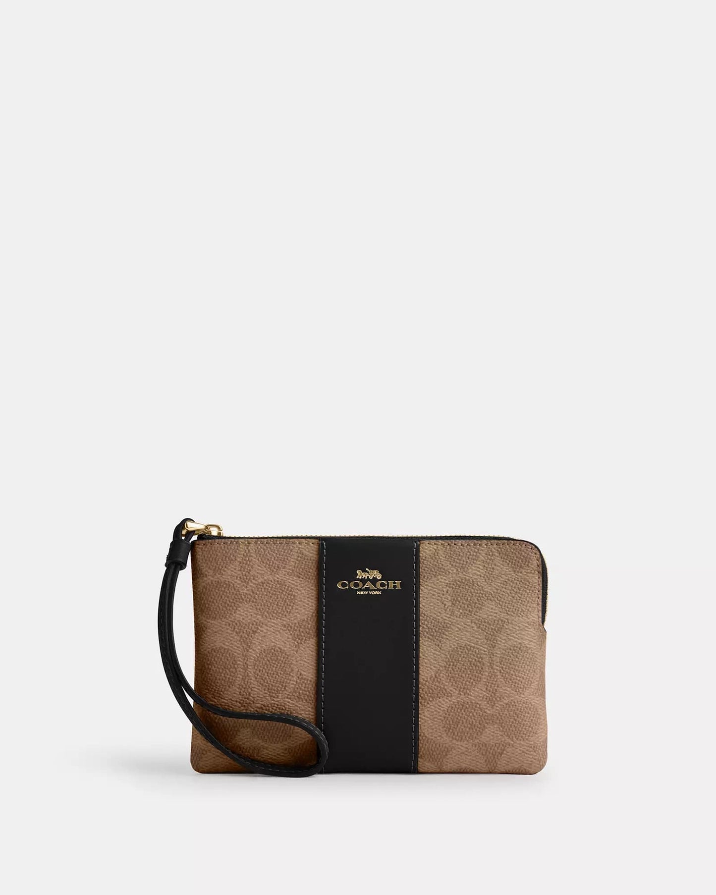 Muñequera Coach camel/negro, monogram y strap negro