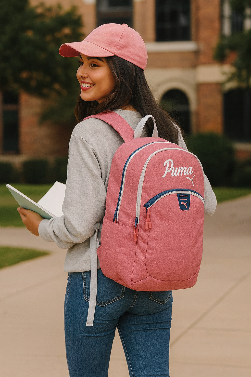 Backpack Puma rosa raya de gis, detalles en blanco/azul y placa en goma