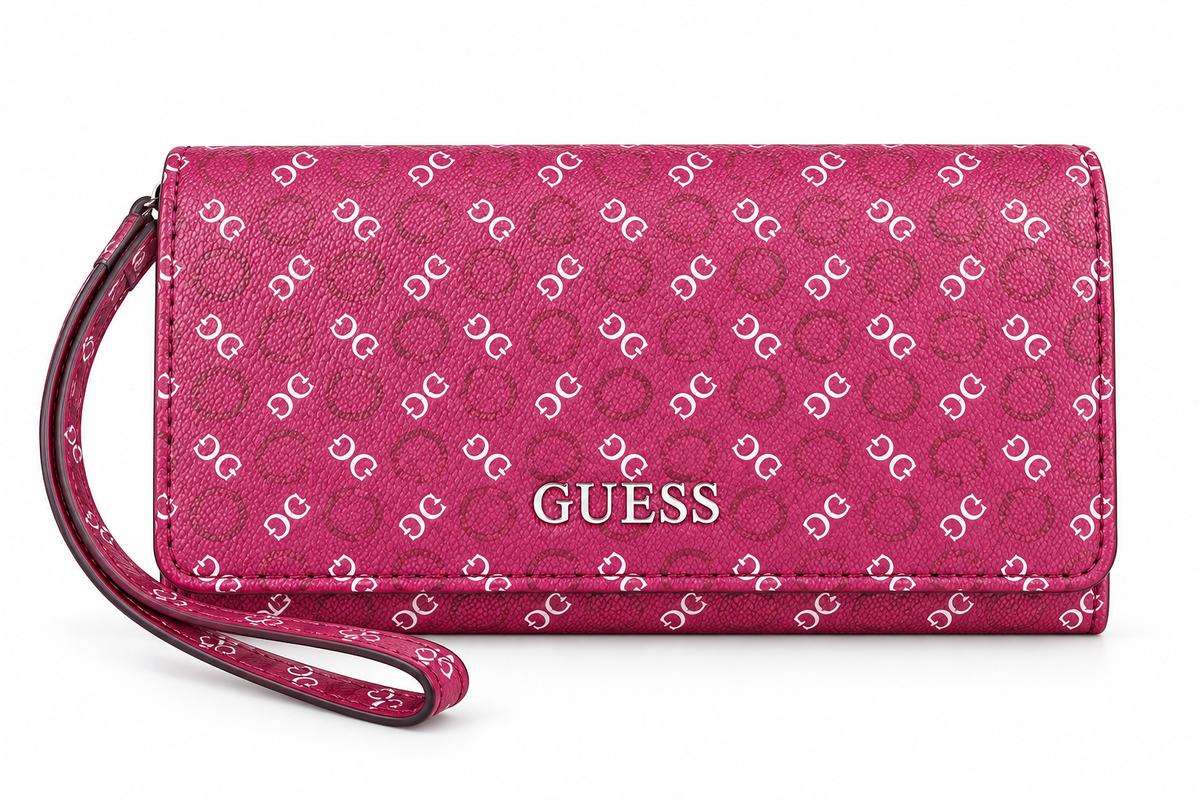 Cartera rosa con monogram blanco