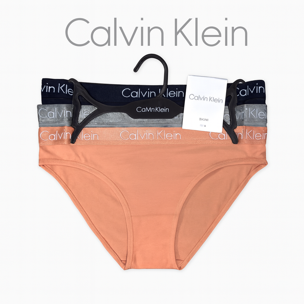 Panties Calvin k naranja, gris, azul marino y resorte brilloso con letras en blanco