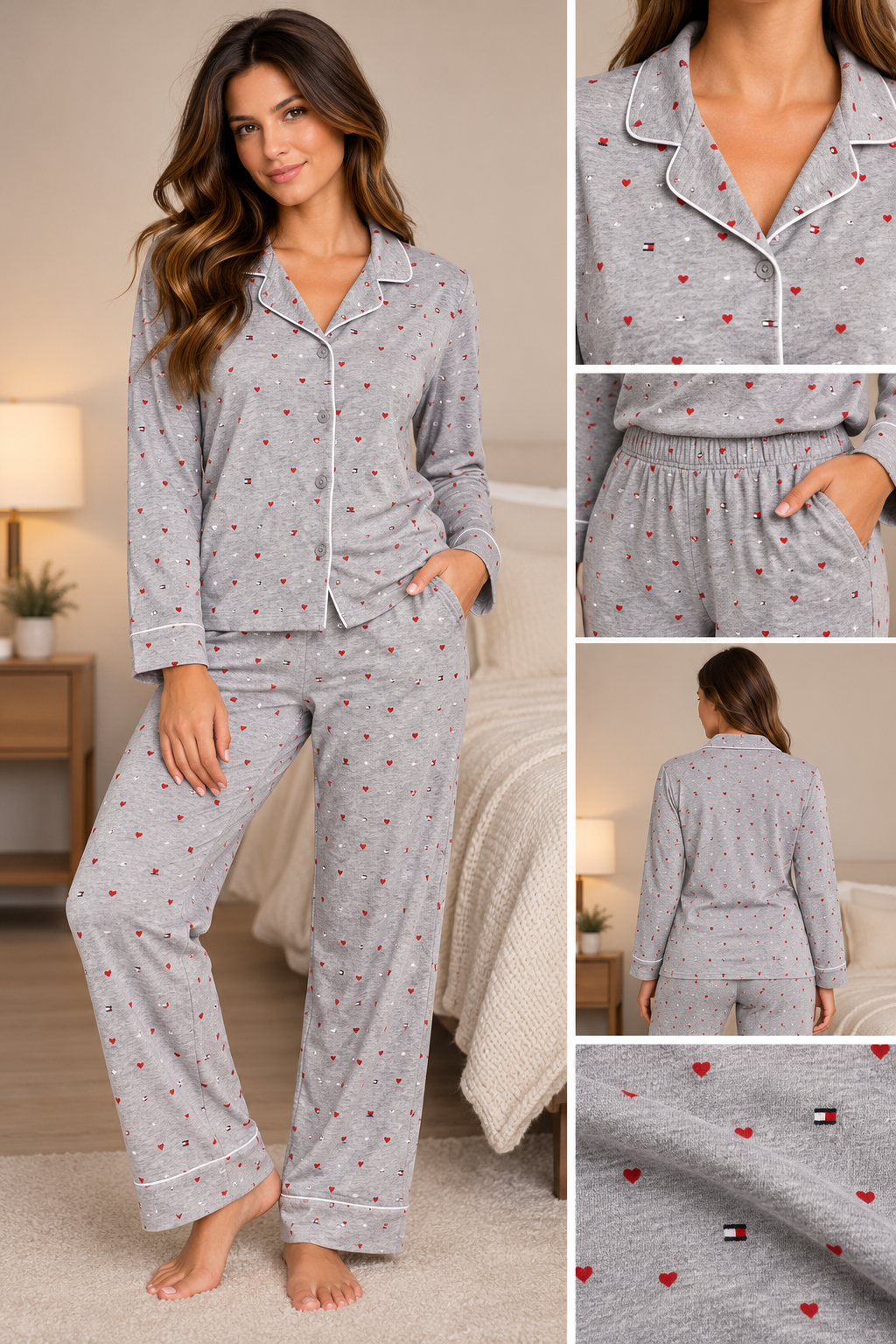 Pijama Tommy H gris corazones talla M