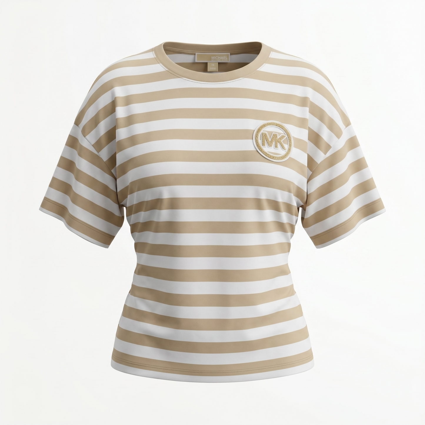 Playera Michael k beige/ blanco rayas logo afelpado