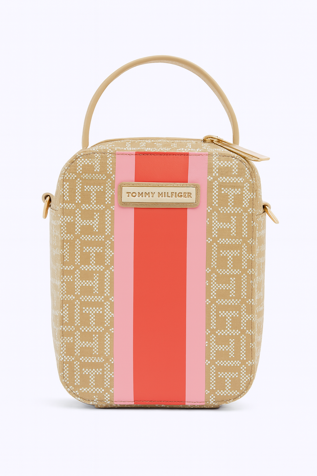 Crossbody Tommy H beige con detalles en naranja y lila con placa dorada