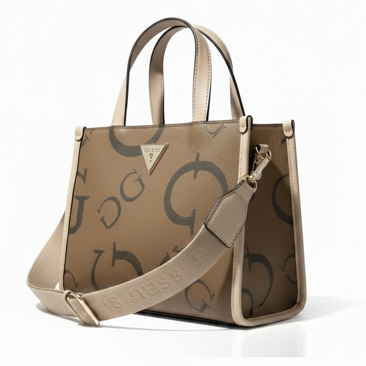 Tote Guess beige con camel strap de tela