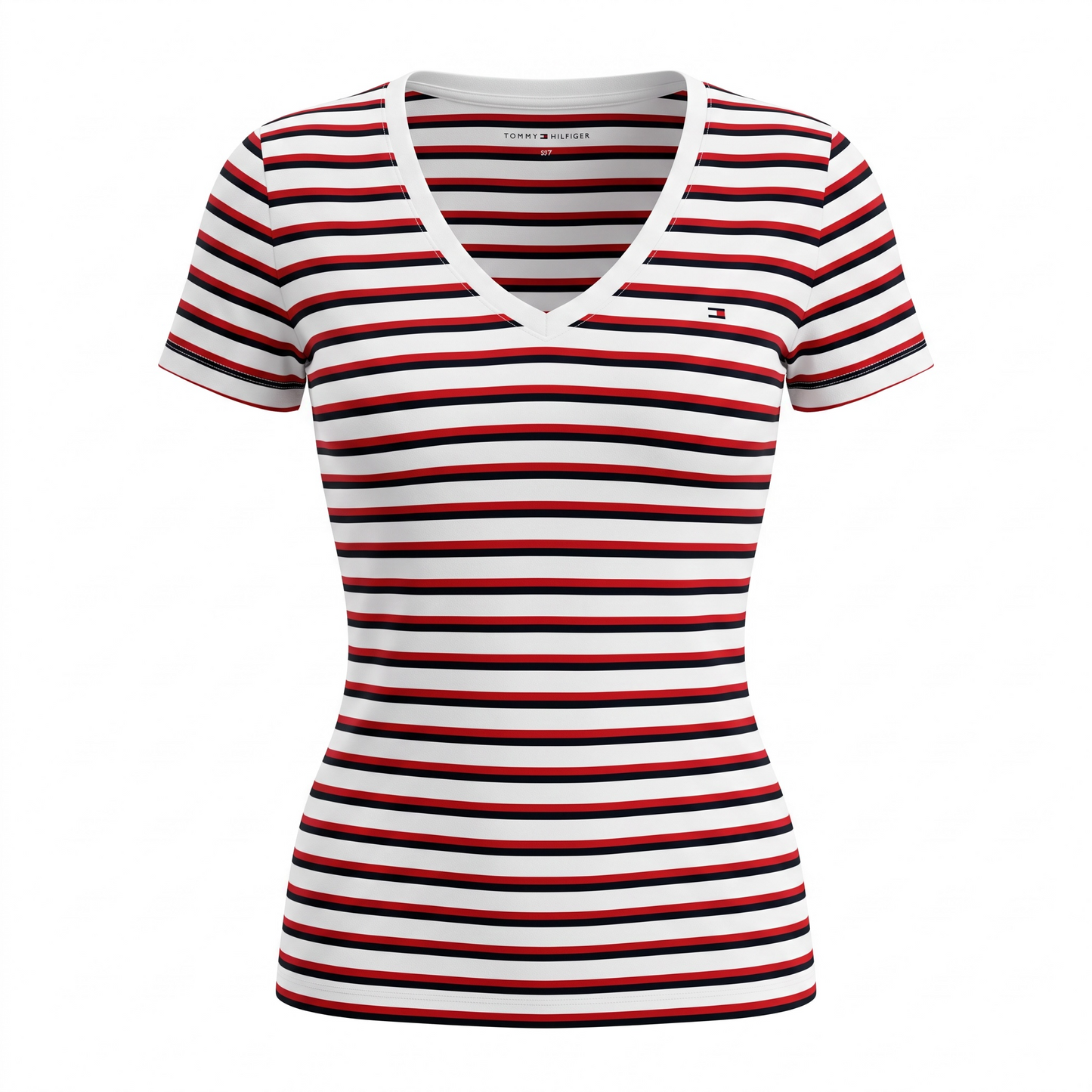 Playera Tommy H blanca con rayas rojas y negras