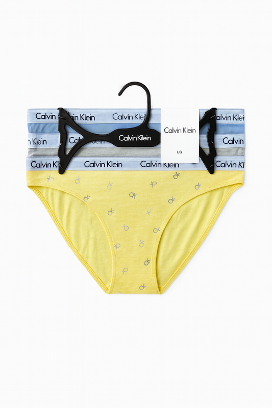 Panties Calvin k amarillo estampado, gris y azul marino con resorte blanco 3pzs
