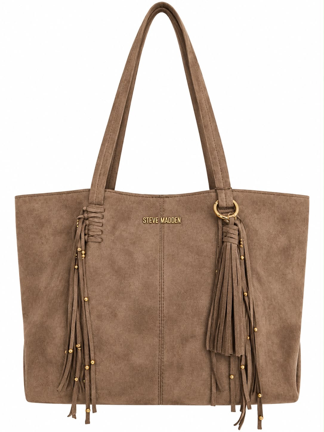 Tote Steve Madden Café Tipo Gamuza con Flecos y Detalles Dorados para Mujer