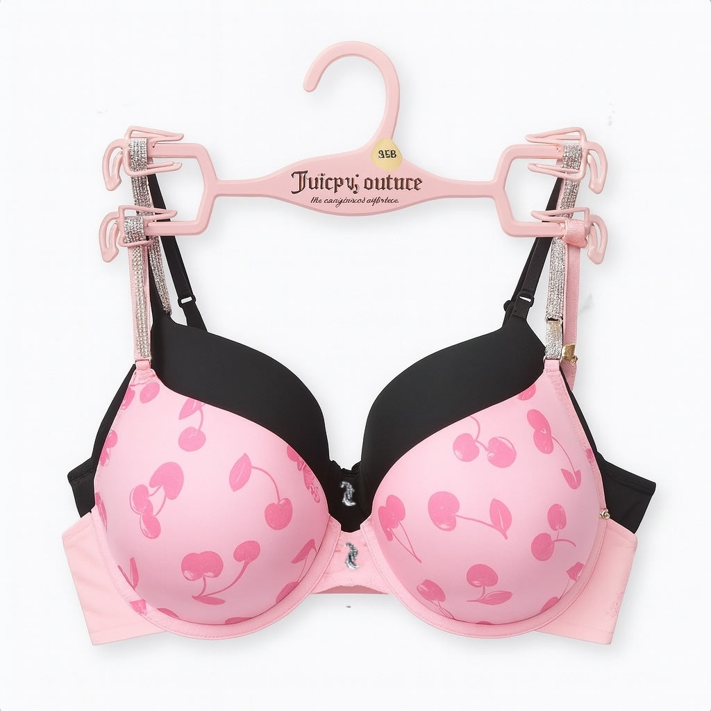 Brasier Juicy C rosa con cerezas, negro, piedritas en tirantes y dije 2pzs