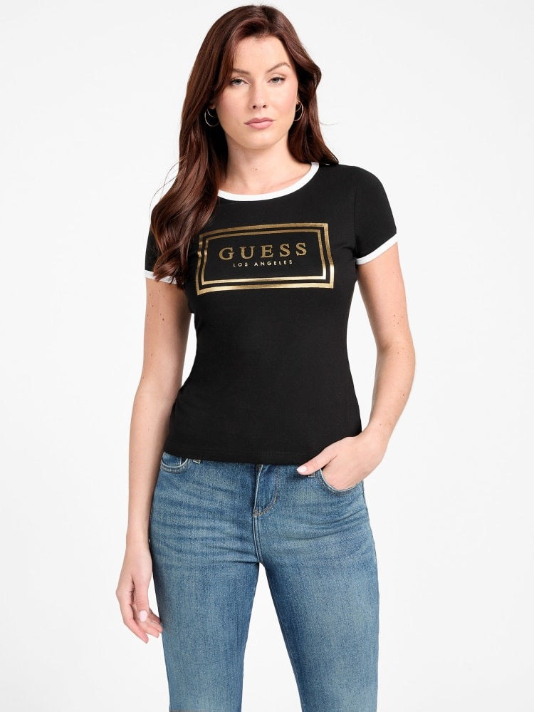 Playera Guess negra con letras doradas y cuello blanco
