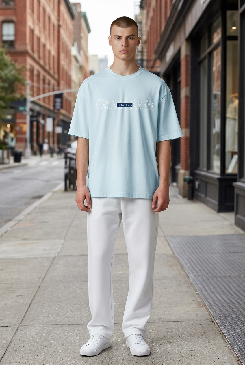 Playera Calvin k azul claro letras blancas