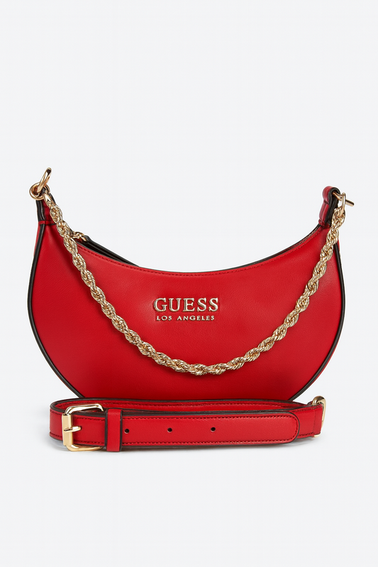 Crossbody/Hobo Guess roja Palmillas, cadena y placa dorada