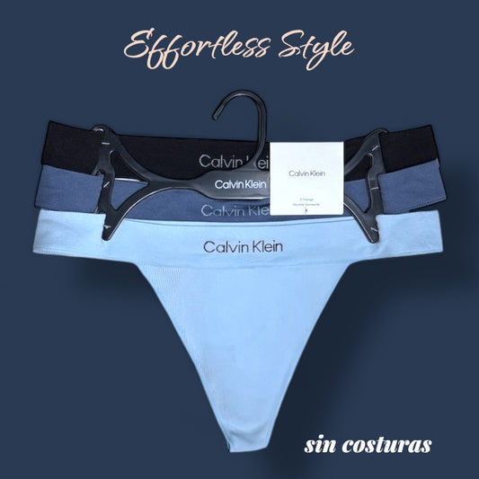 Tangas Calvin k azul claro, azul petróleo y negro, letras en resorte 3pzs
