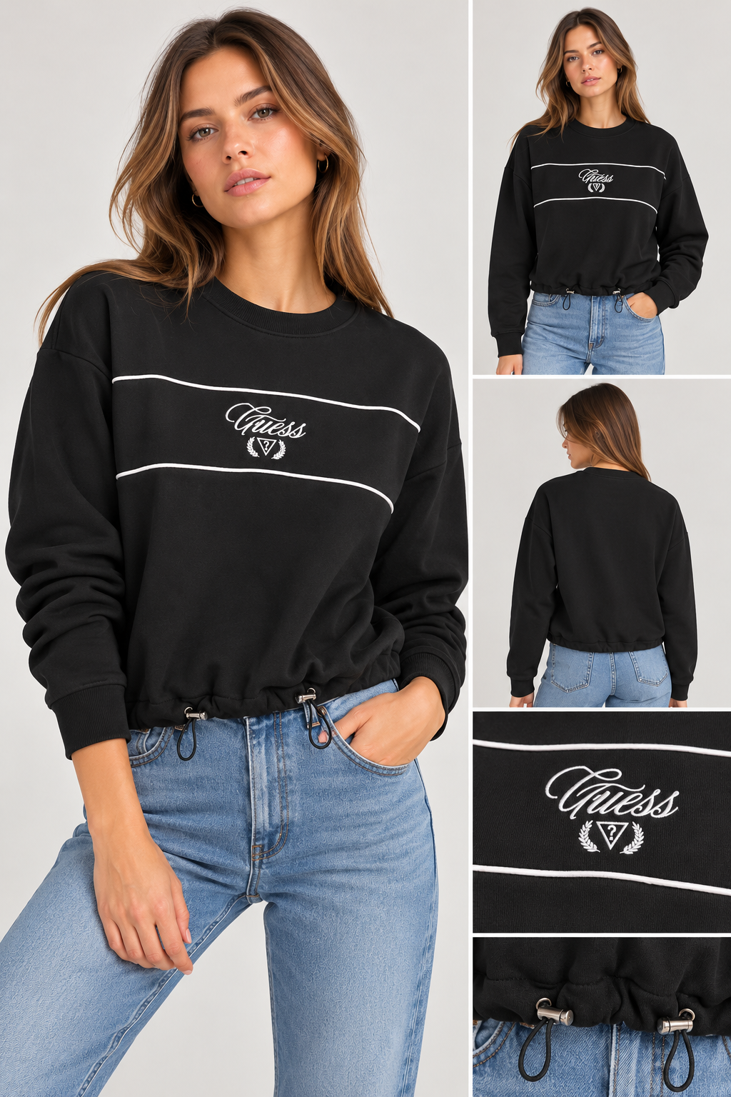 Sudadera crop Guess negra con líneas blancas