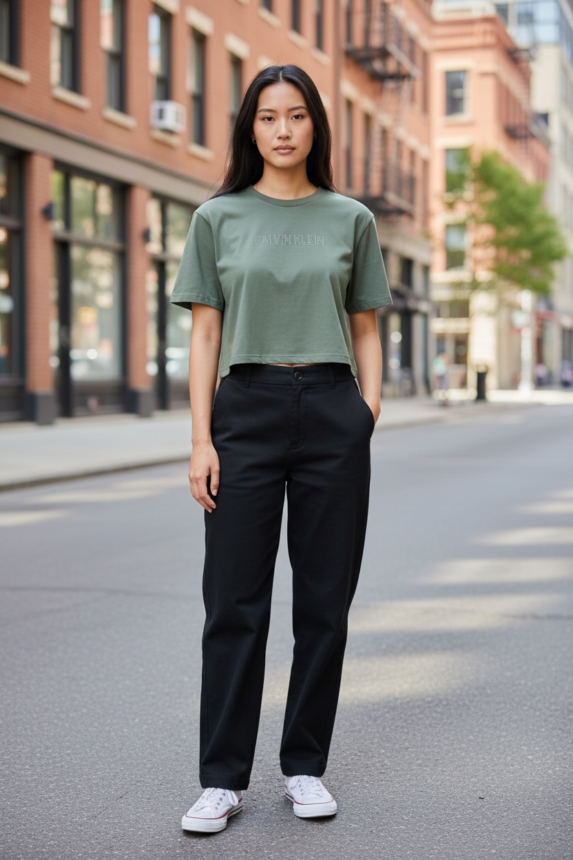 Playera Calvin Klein verde con letras de brillos verdes