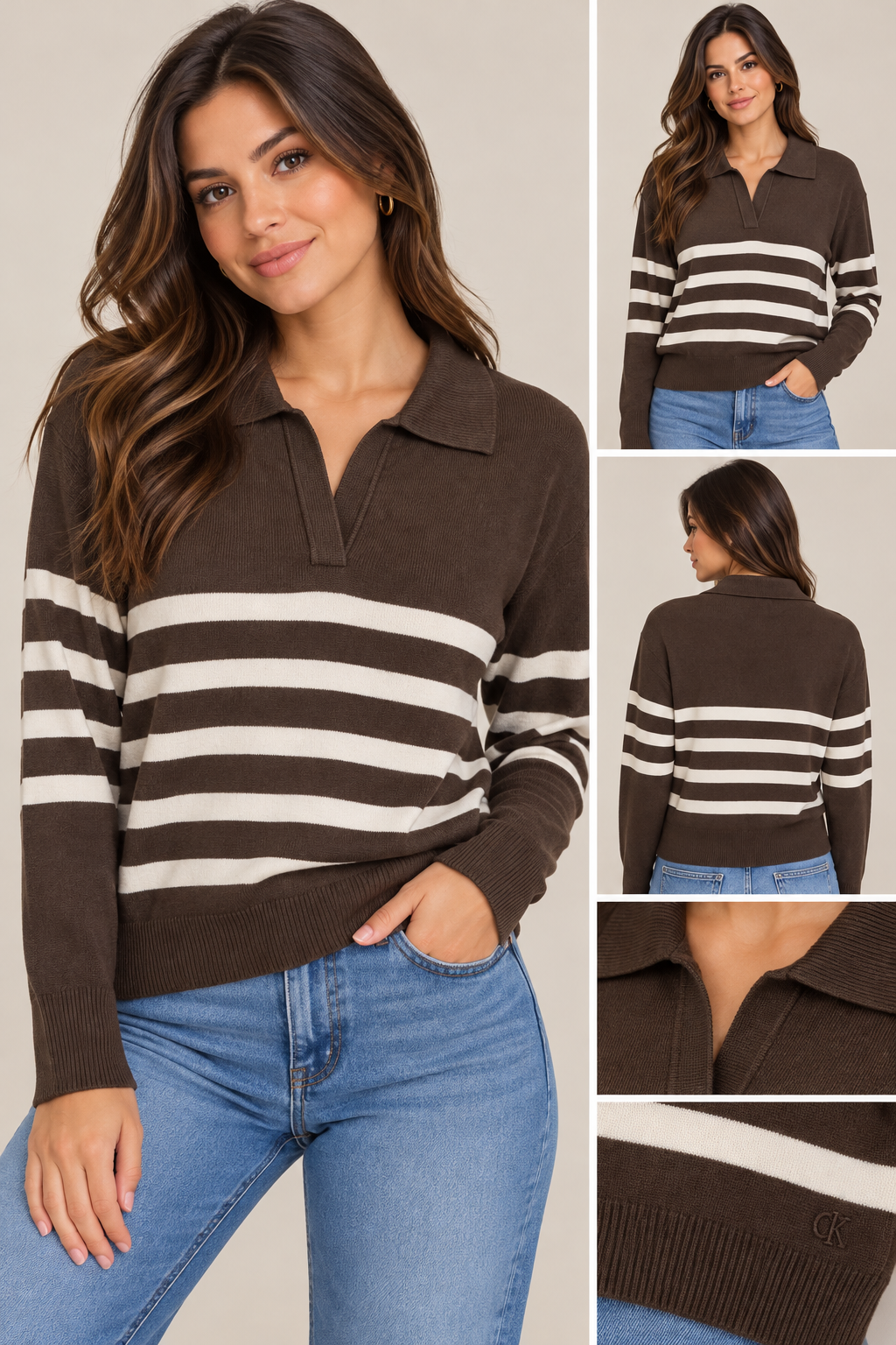 Blusa Calvin k polo café con beige