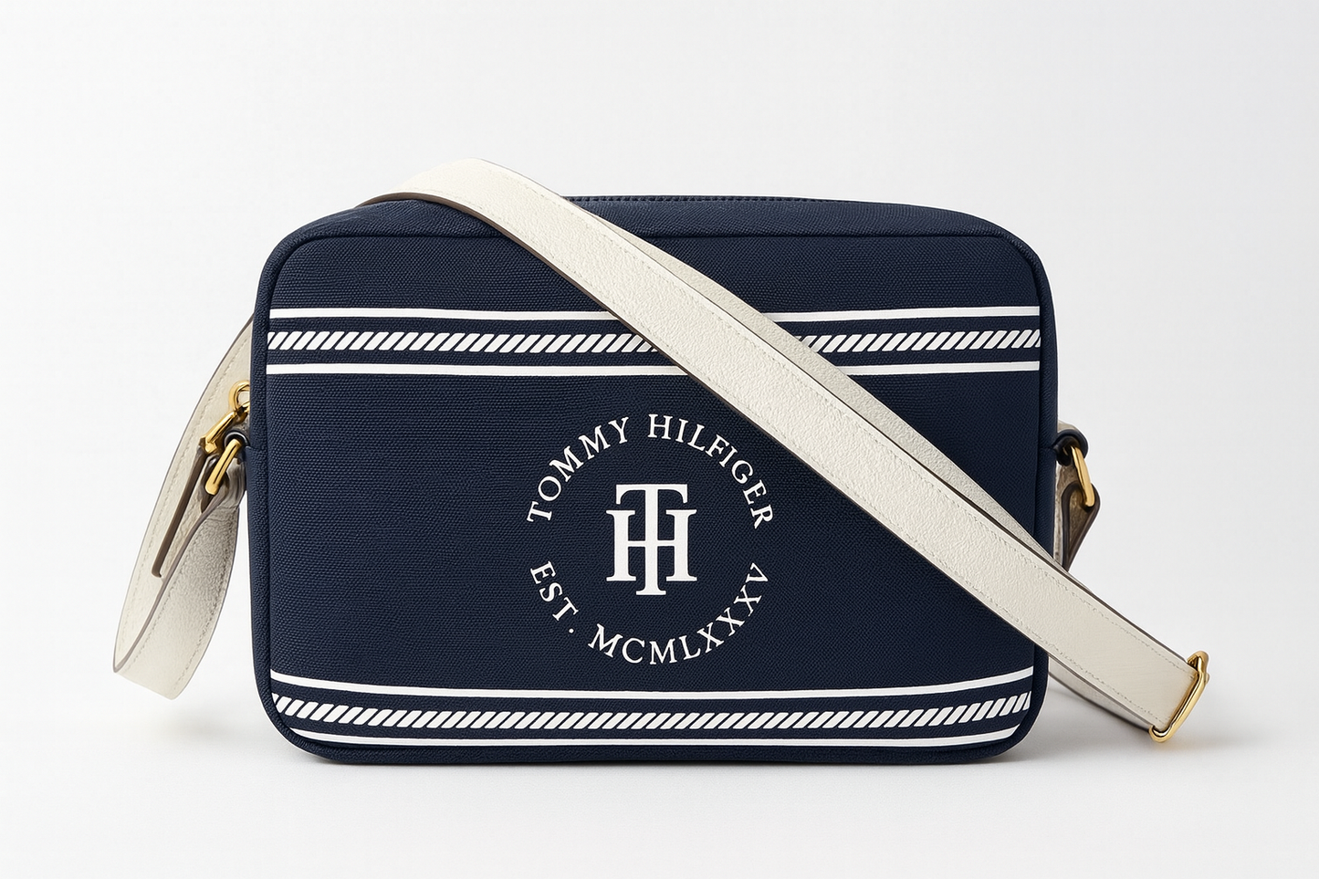 Crossbody Tommy H azul marino con blanco