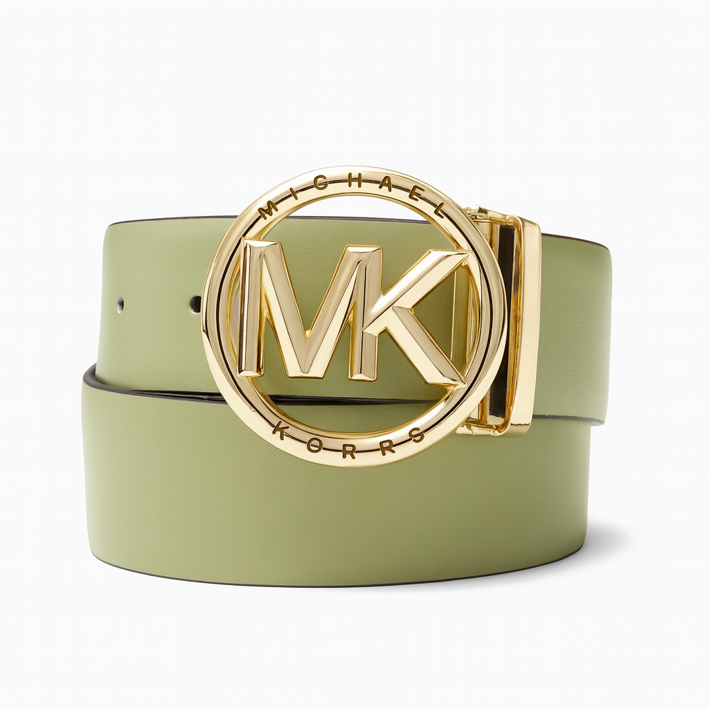 Cinturón Michael K verde/café reversible con placa dorada
