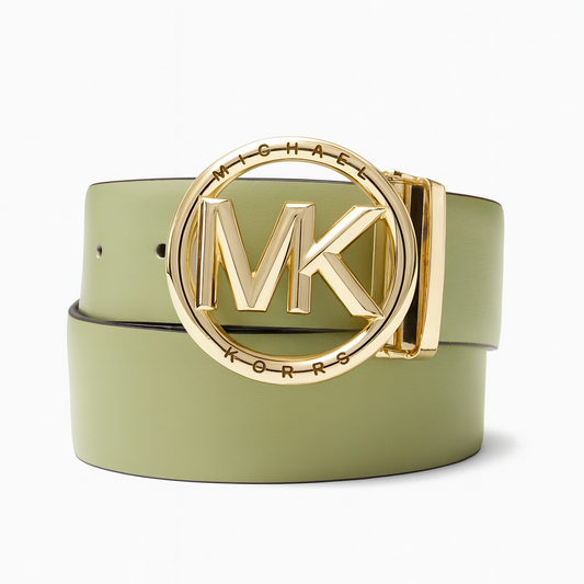 Cinturón Michael K verde/café reversible con placa dorada