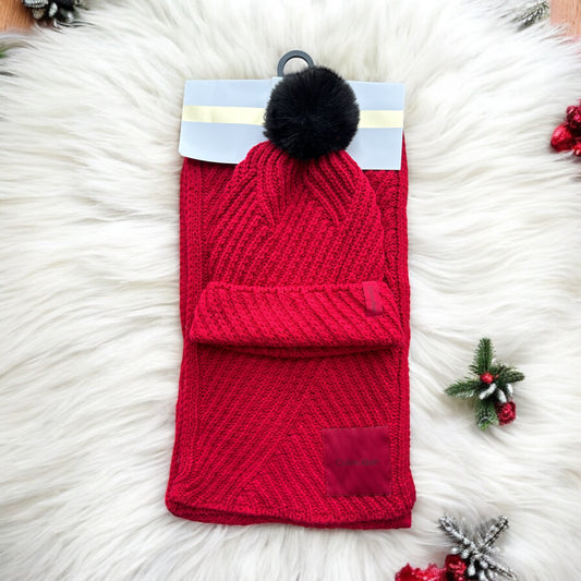 Set Gorro y bufanda Calvin K rojo de punto con pompón negro