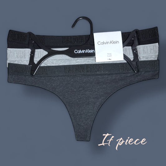 Tangas Calvin k gris, gris, negro y letras bordadas en resorte 3pzs