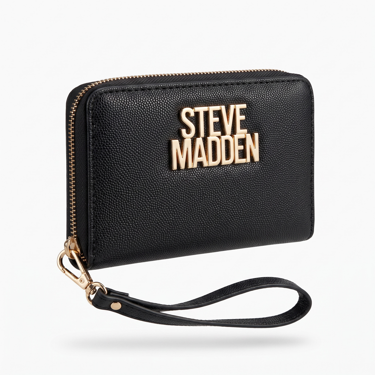 Cartera Steve Madden negra con dorado y correa para muñeca