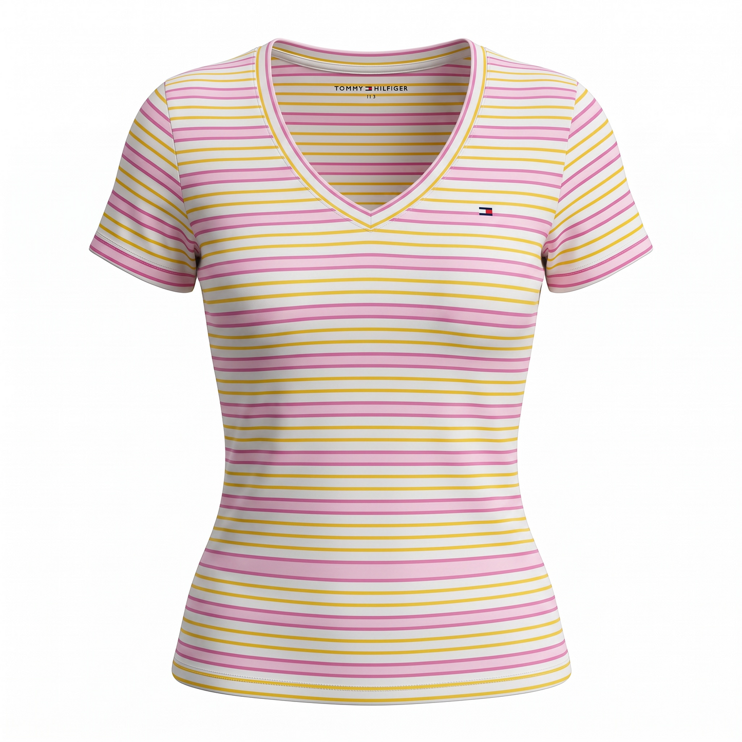 Playera Tommy rosa con amarillo cuello V