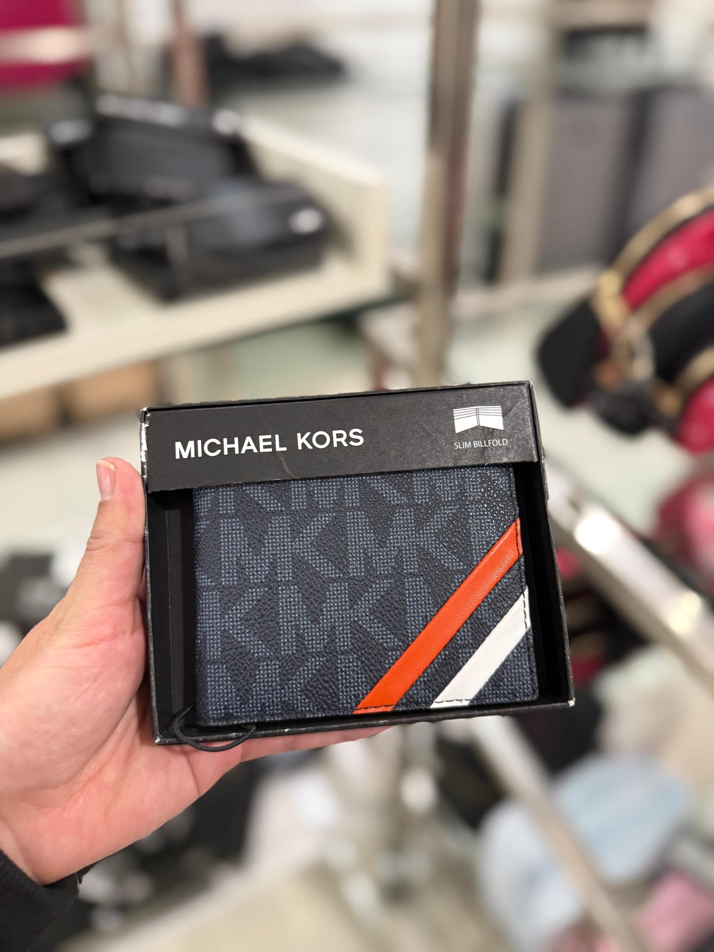 Cartera Michael K azul con monogram, líneas naranja/blanco para caballero