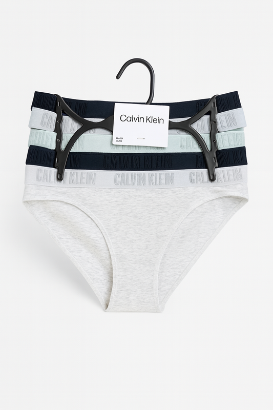 Panties Calvin k varios colores, letras bordadas en resorte 5 pzs