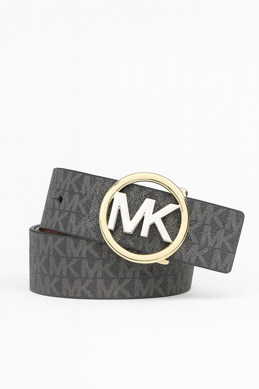 Cinturón Michael k café/negro con monogram reversible, placa dorada/plateada
