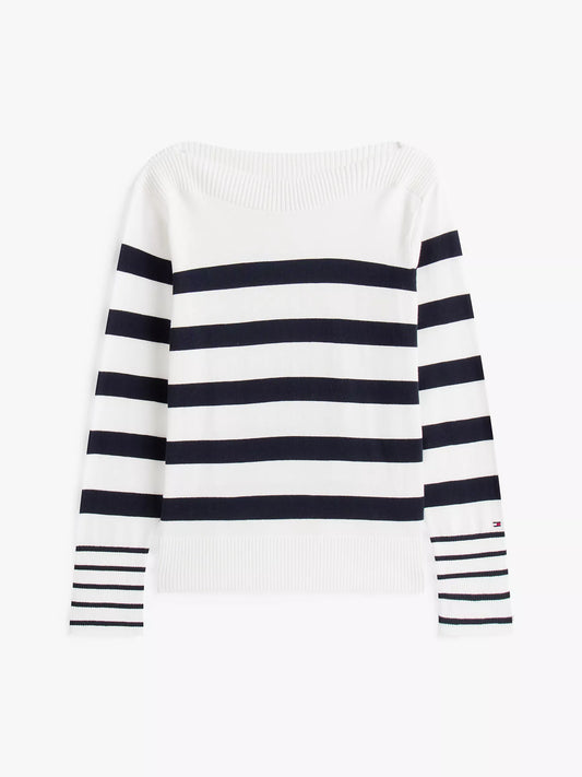 Suéter Tommy H blanco con rayas azul marino y banderita en manga derecha