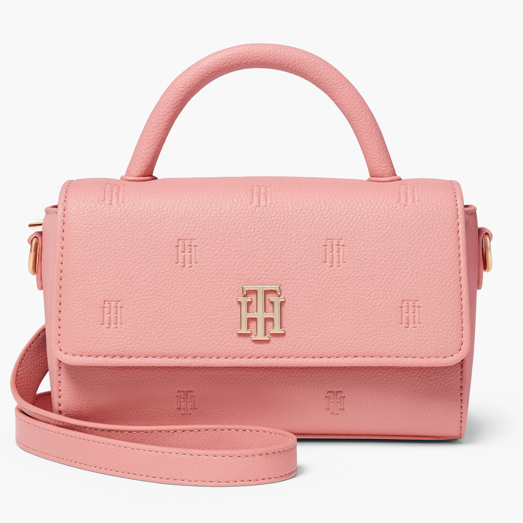 Crossbody Tommy H pequeña rosa claro y placa dorada TH