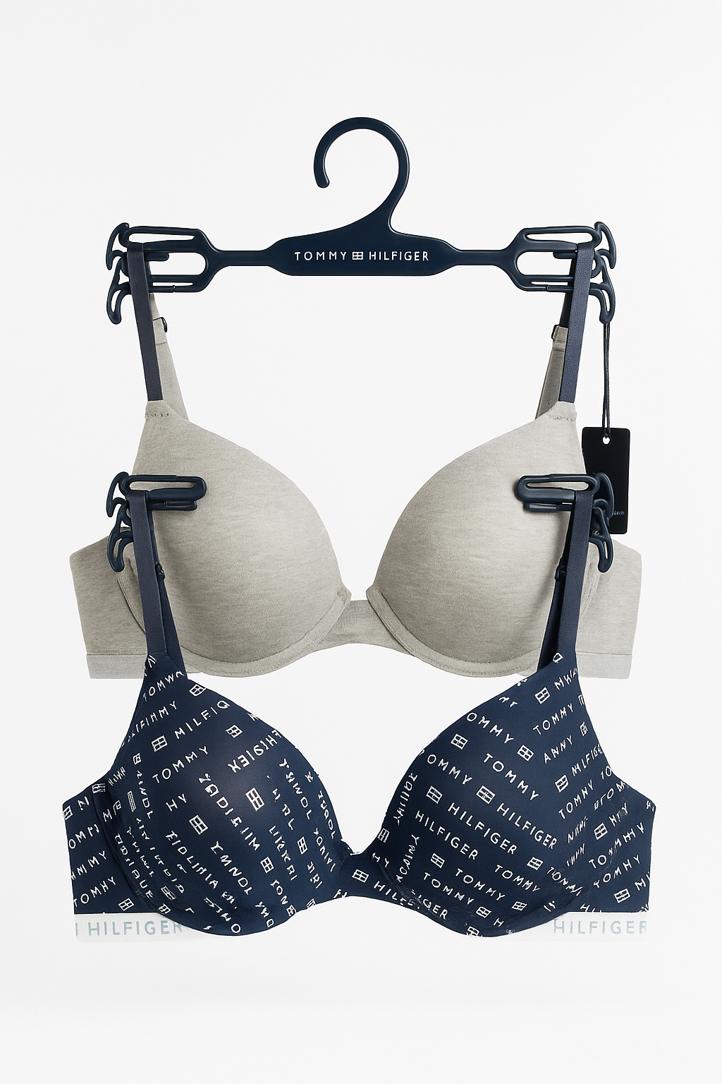Brasier Tommy H azul/letras blancas, gris con resorte blanco