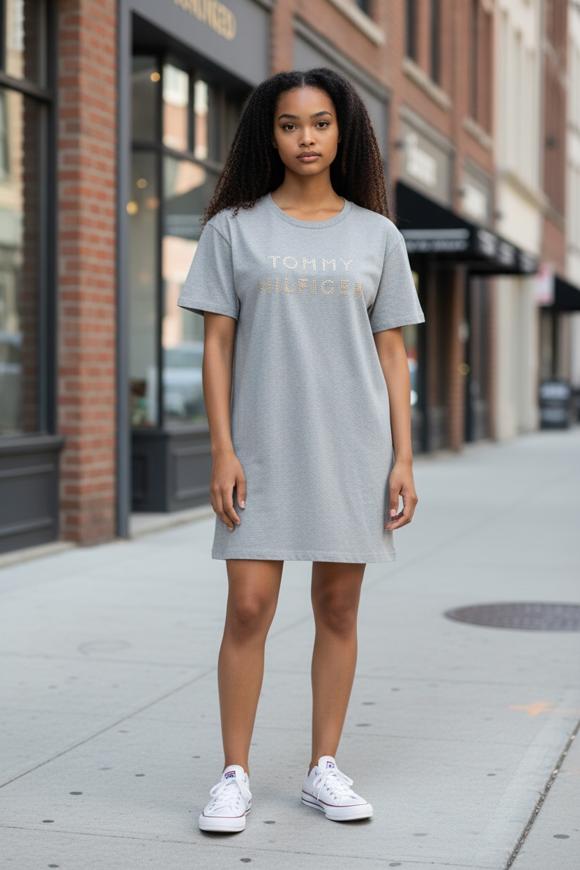 Vestido Tommy H gris con letras de brillos doradas