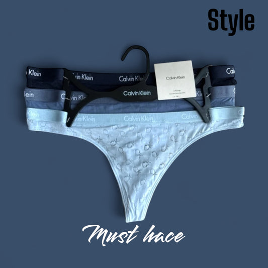 Tangas Calvin k azul tonos diferentes, monogram con transparencia 3 pzs