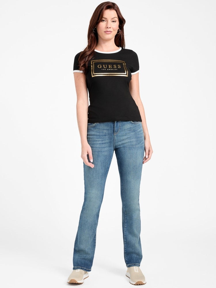 Playera Guess negra con letras doradas y cuello blanco