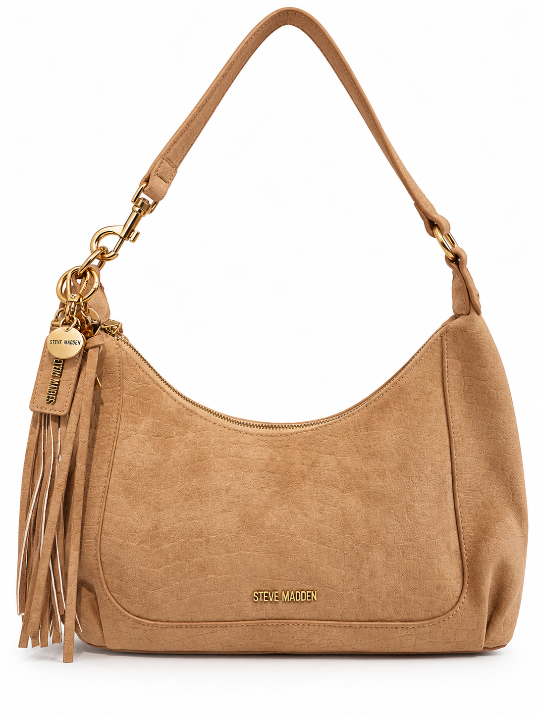 Bolsa hobo Steve Madden camel con acabado tipo gamuza y flecos