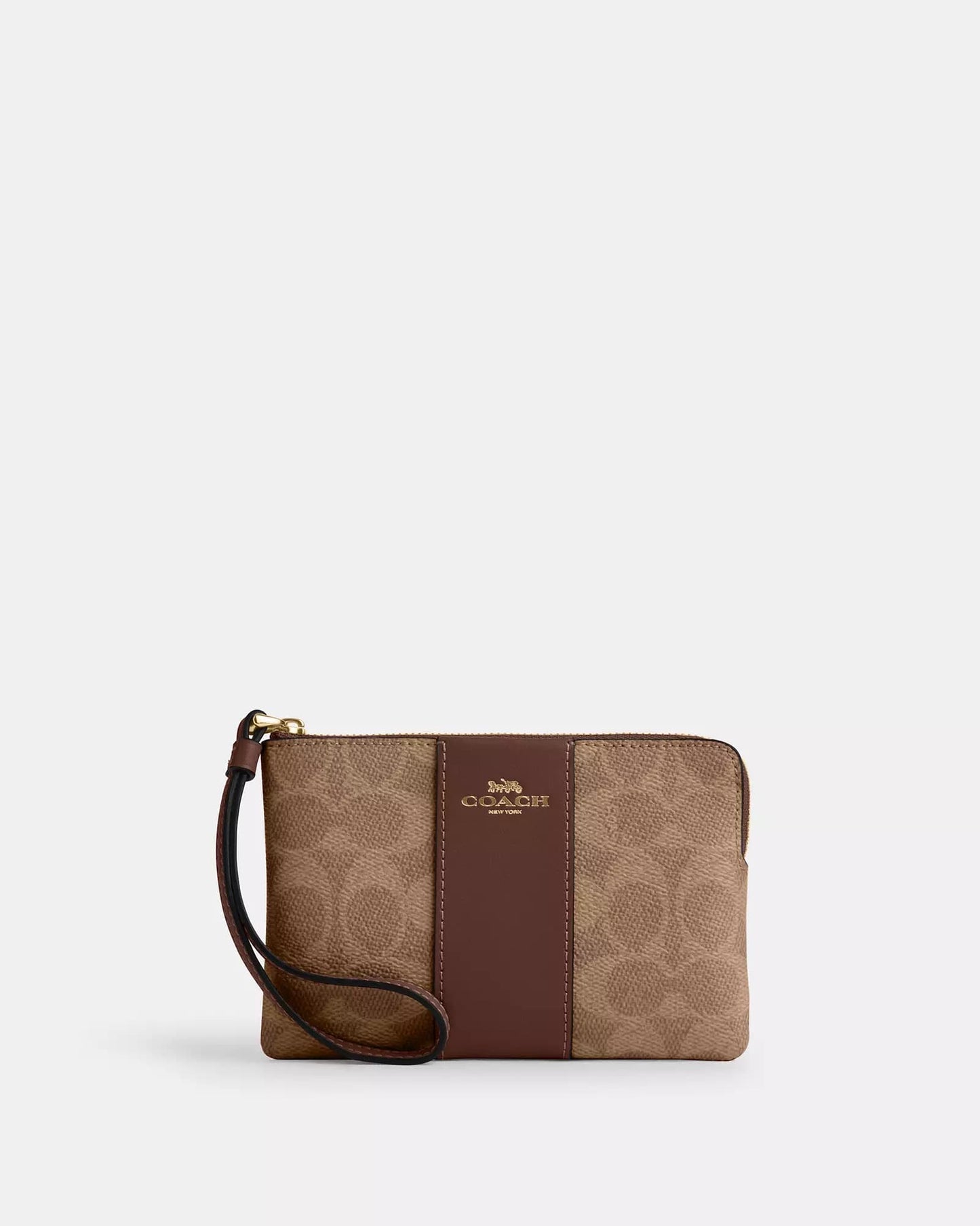 Muñequera Coach chocolate/café, monogram y strap